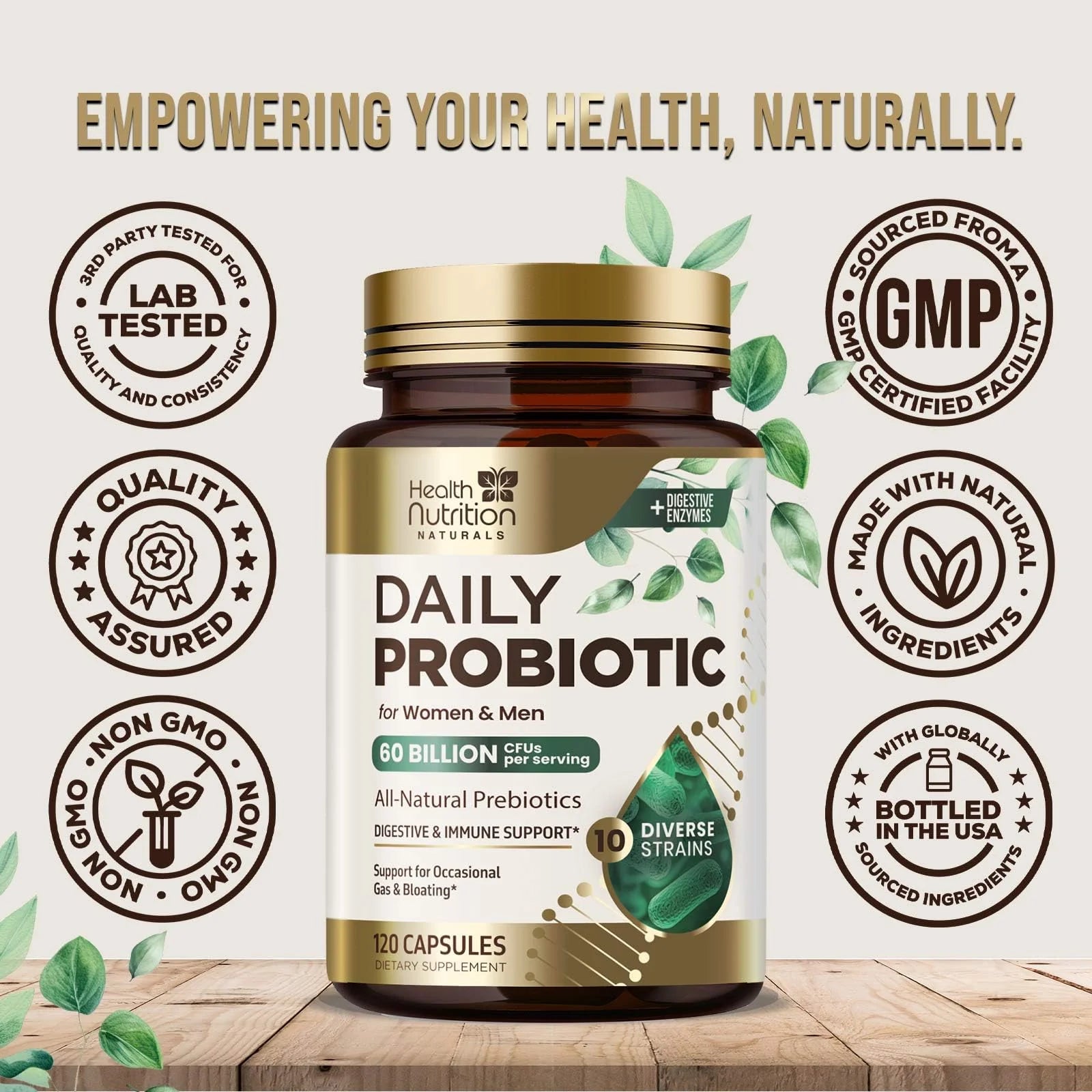 Probiotics 60 Billion CFU + 10 Strains - Daily Probiotic for Immune, Digestive & Gut Support, Prebiotics and Probiotics Supports Occasional Constipation, Gas & Bloating for Women & Men - 120 Capsules