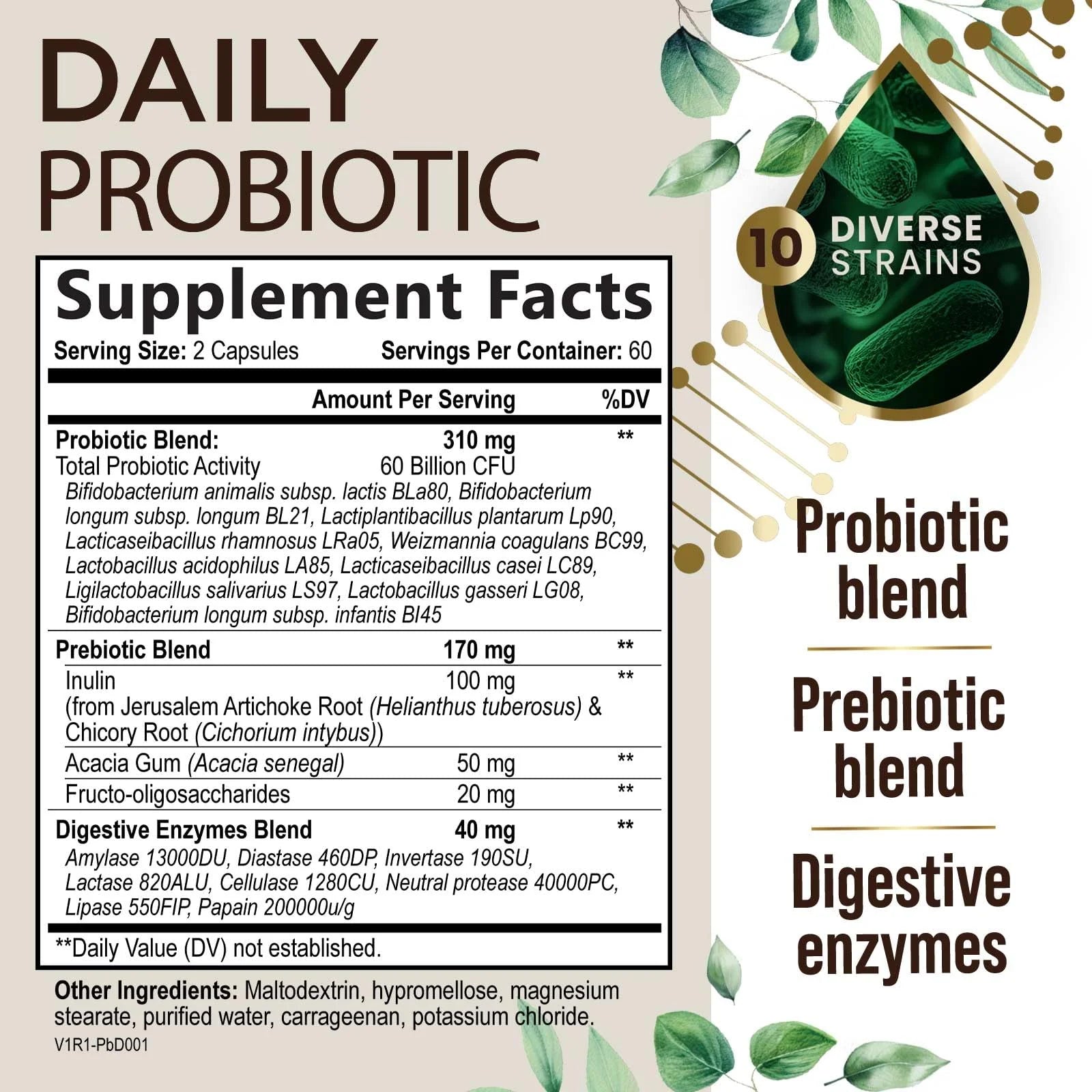 Probiotics 60 Billion CFU + 10 Strains - Daily Probiotic for Immune, Digestive & Gut Support, Prebiotics and Probiotics Supports Occasional Constipation, Gas & Bloating for Women & Men - 120 Capsules