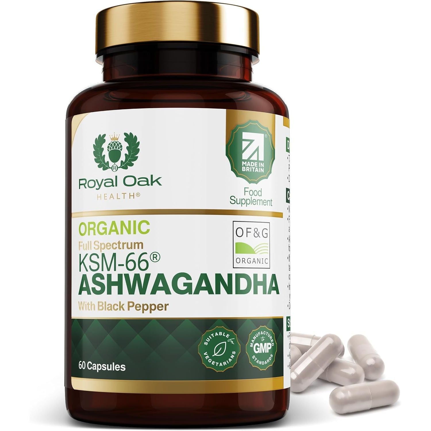 Organic High Concentration Full Spectrum KSM-66 ASHWAGANDHA with 5% Withanolides and Black Pepper, Made in Britain by , 60 Capsules