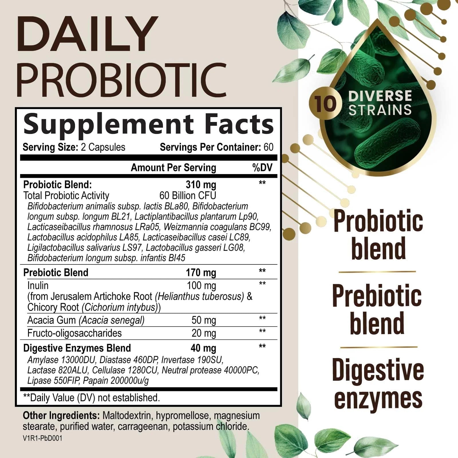 Probiotics 60 Billion CFU + 10 Strains - Daily Probiotic for Immune, Digestive & Gut Support, Prebiotics and Probiotics Supports Occasional Constipation, Gas & Bloating for Women & Men - 120 Capsules