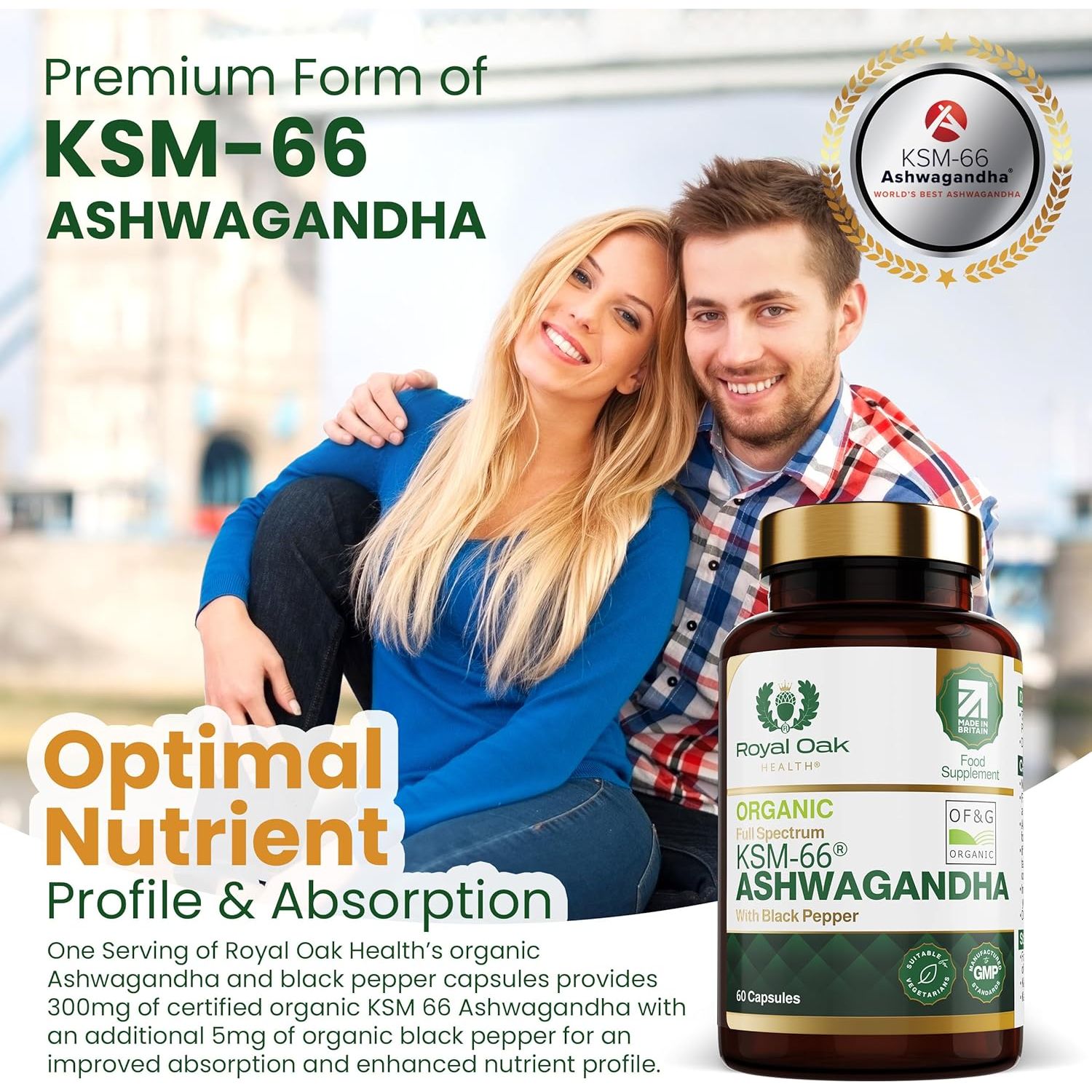 Organic High Concentration Full Spectrum KSM-66 ASHWAGANDHA with 5% Withanolides and Black Pepper, Made in Britain by , 60 Capsules