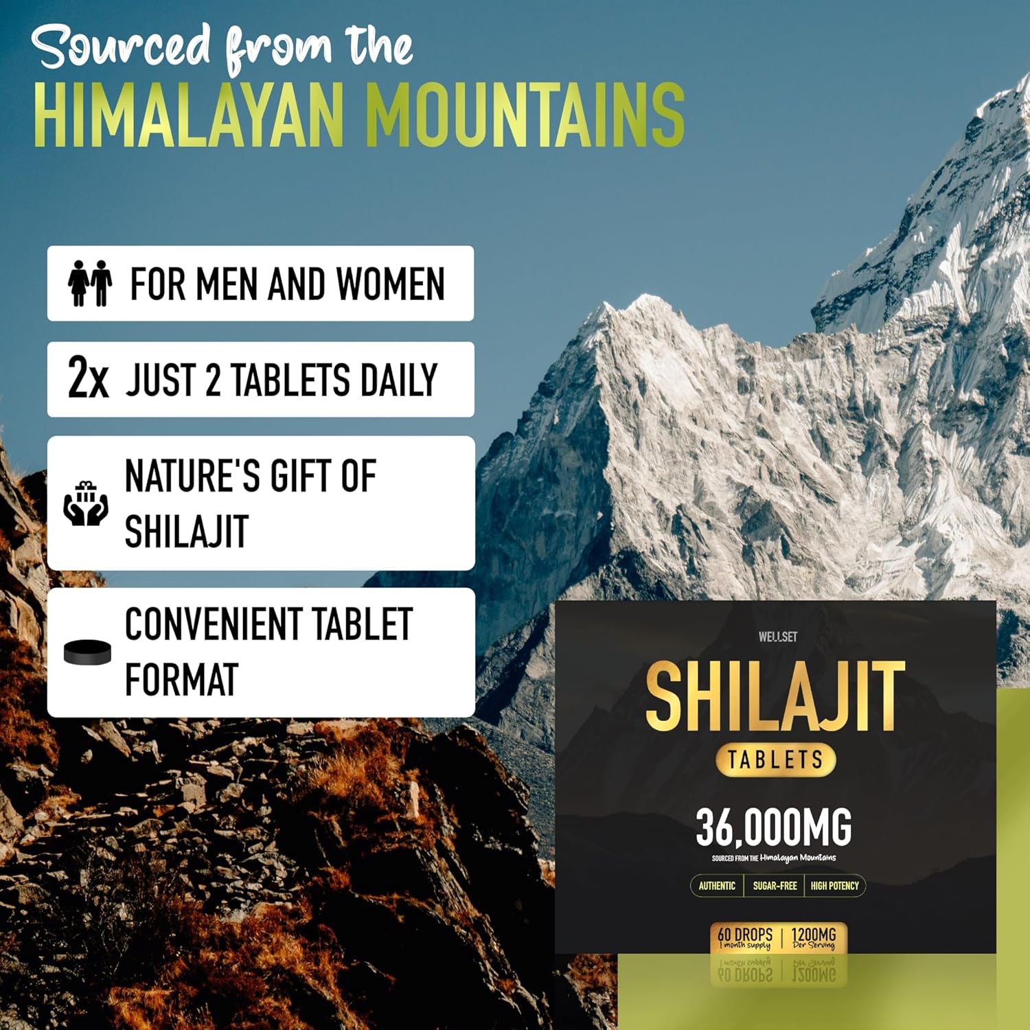 Shilajit Tablets 36,000Mg | 100% Natural Himalayan Shilajit, Rich in Fulvic Acid, Iron & Calcium | Natural Energy, Immune & Mental Clarity Support | 60 Tablets for Men & Women